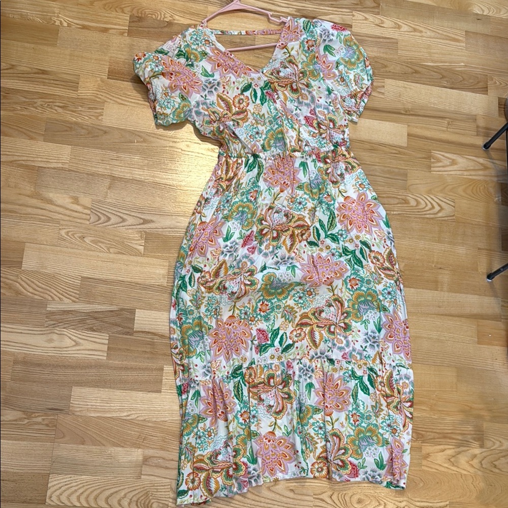 Fat Face Pink and Blue Ruffled Smocked Midi Dress